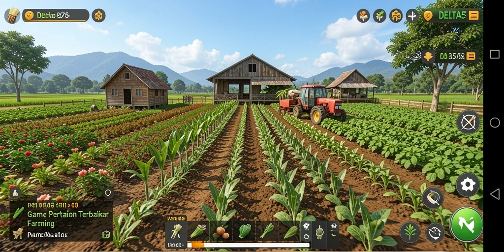 Tampilan gameplay DELTA575 dengan suasana pertanian yang indah.