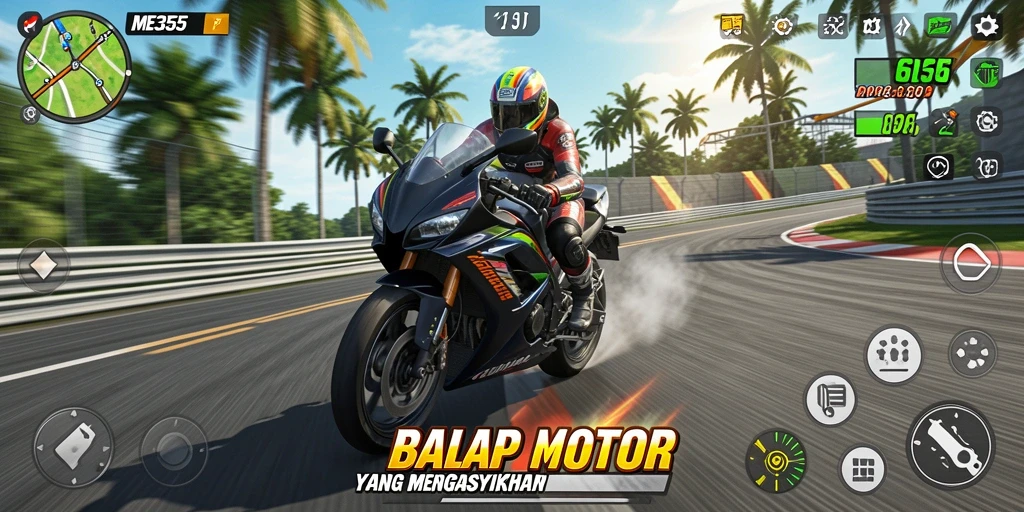 Tampilan gameplay seru dalam balapan motor di ME355.